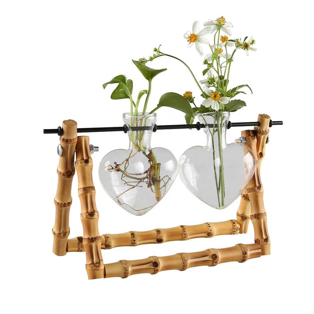 Desktop Decoration Heart Glass Bamboo Root Wooden Stand Propagation Stations Hydroponics Planter Water Air Plant Terrarium Vase