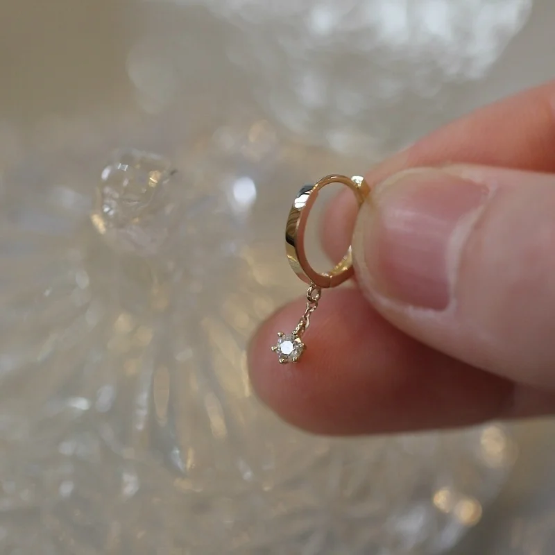 Customizable 9K Gold Zircon Chic Korean Ear Ring Short Chain with Small Drill Buckle Pearl Hoop Earrings for Wedding Gift  kj303 3