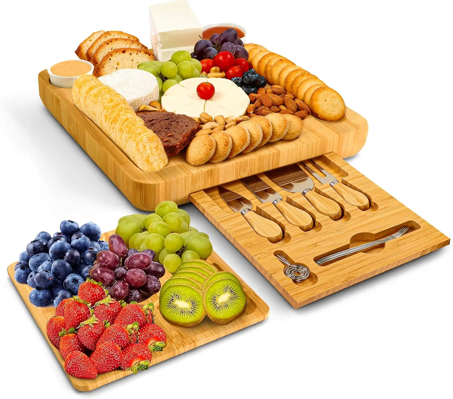 Large Bamboo Charcuterie Board and Platter Set, Unique Housewarming, Wedding and Gift Idea for Women, Couples and Home