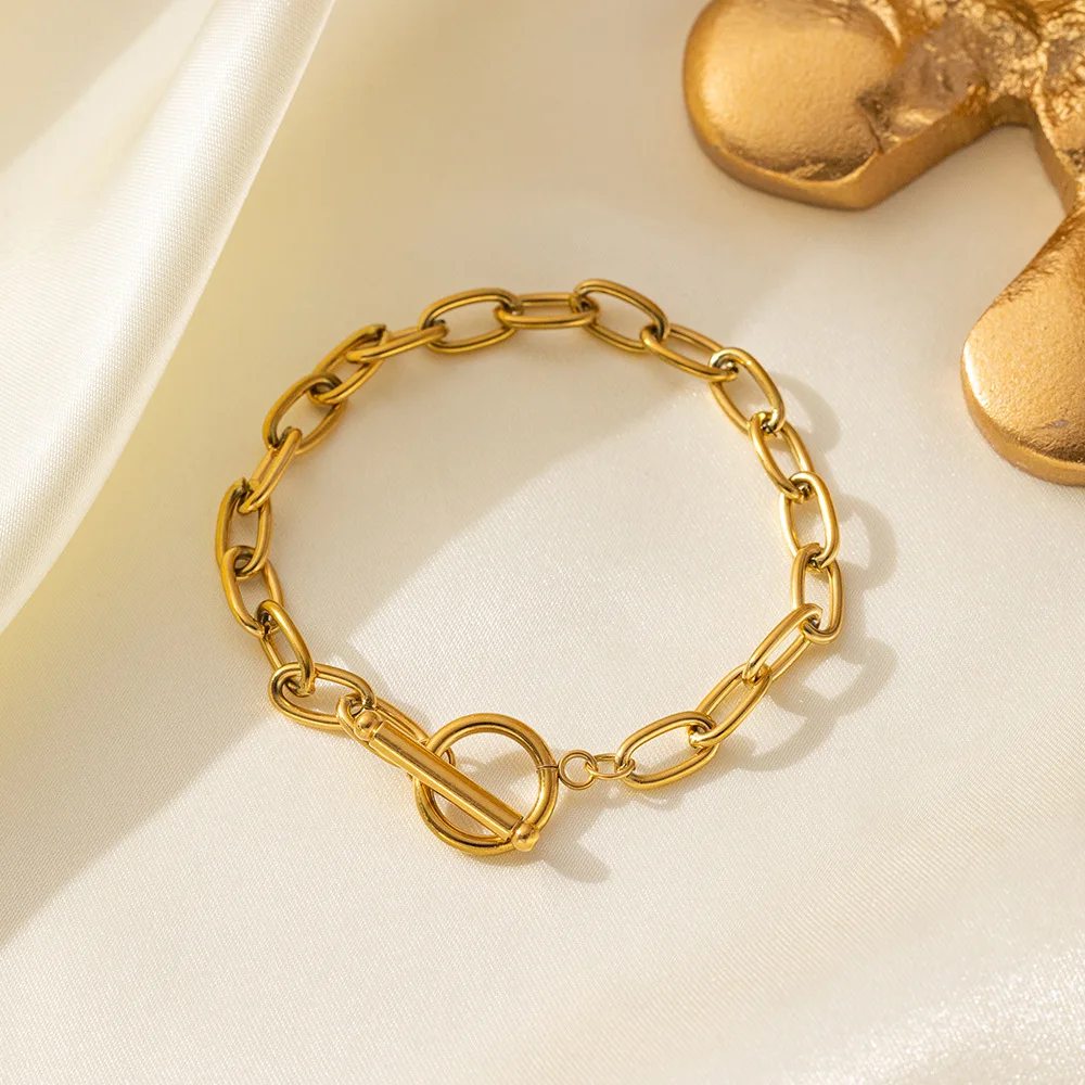 Wholesale Stainless Steel Jewelry Oval Link Paper Clip 18k Gold-plated Toggle Bar and Ring Bracelet Fashion Jewelry
