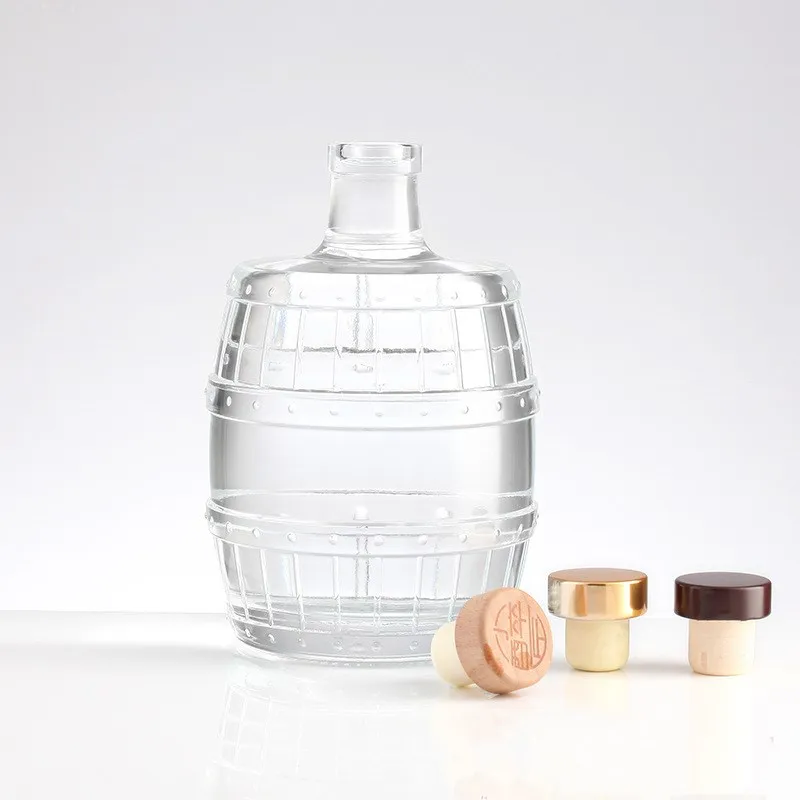 WHolesales 500ml/16oz Liquor fruit wine glass bottle barrel shape fruit  cask wine brandy whisky bottle with glass cap or cork