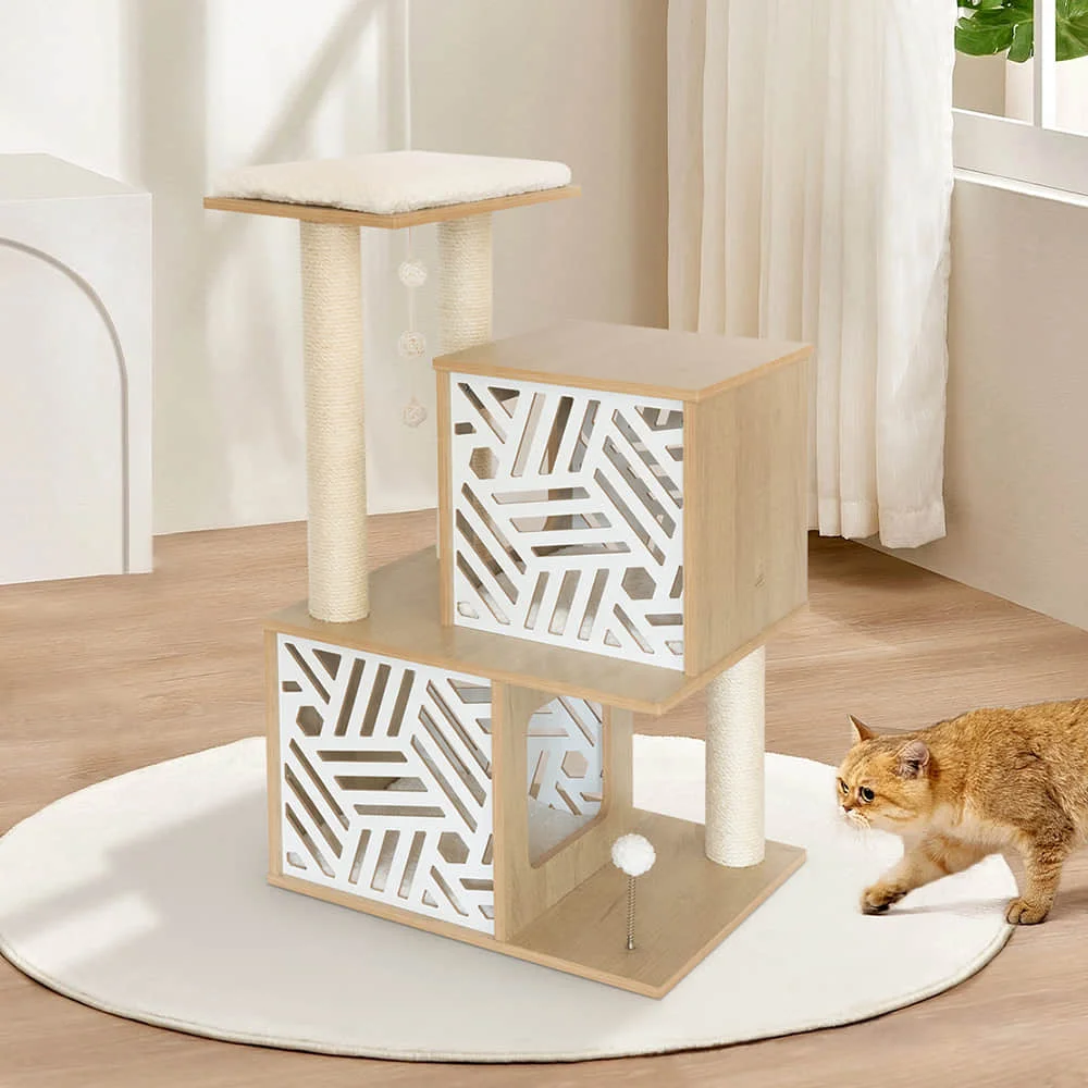 Wholesale Luxury Wood Pet Furniture Condo Entertainment Scratching Post Tower Platform Cat Scratcher Cat Tree House