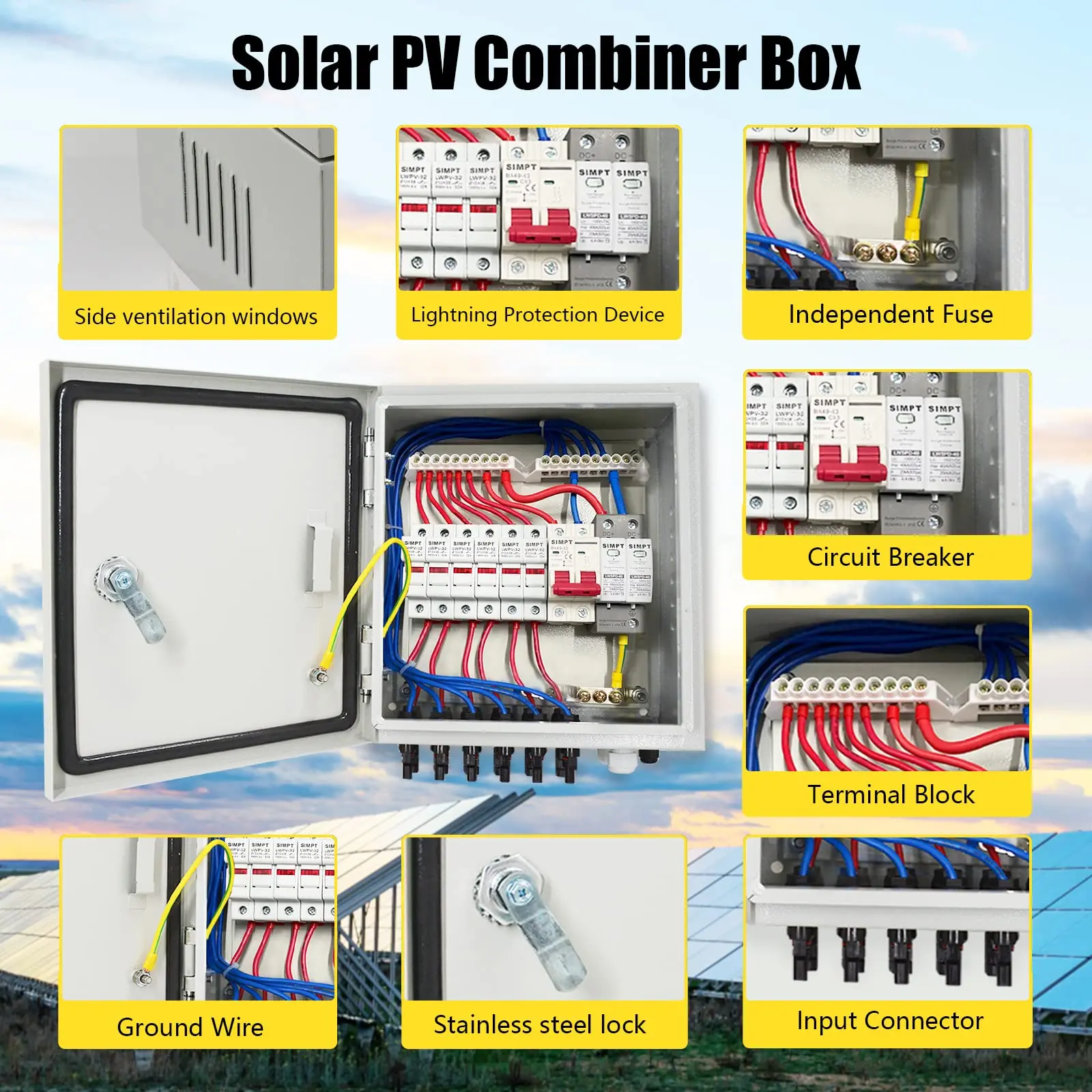 6String Metal Solar Combiner Box DC Solar Panel PV Junction 63A Circuit Breaker IP65 Waterproof Fuse Lightning Protect Indicator