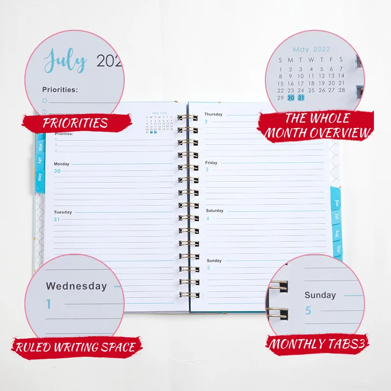 Spot Notepad with ladder index 2023 Best Selling New Design Schedule Planner Daily Plan Calendar A5 Coil Notebook English Book