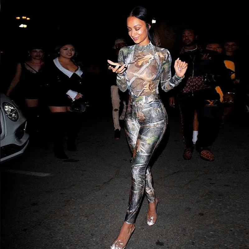 A20534S Sexy Mesh Two Piece Sets Women Stand Collar Long Sleeve Tops High Waist Trouser Fashion Print Suit