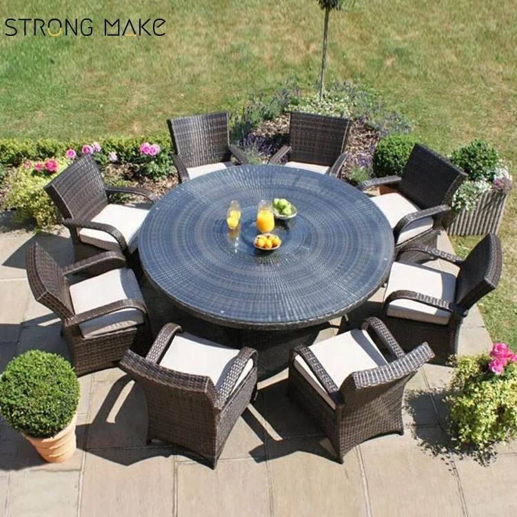 Best price garden banquet round table and PE rattan chair outdoor dining furniture set