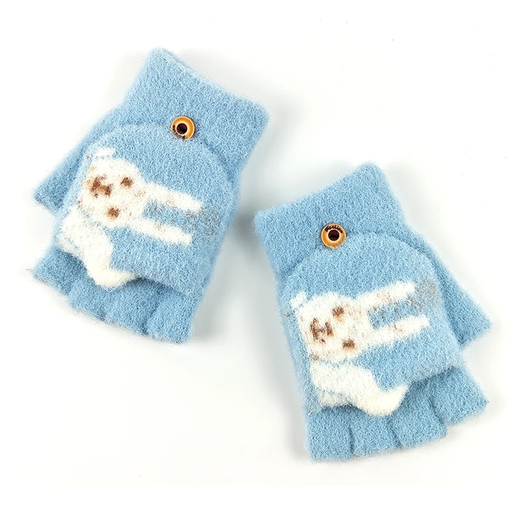 Convertible Flap Cover Kids Knitted Warm Faux Mink Fur Fingerless Gloves with Adorable Rabbit Pattern Mitten Cover Blue