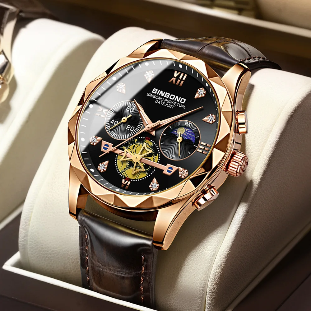 BINBOND Watch For Men 1236 Multifunctional Quartz Clock Six Pin Moon Phase Calendar Waterproof Nylon Leather Watch Reloj Hombre