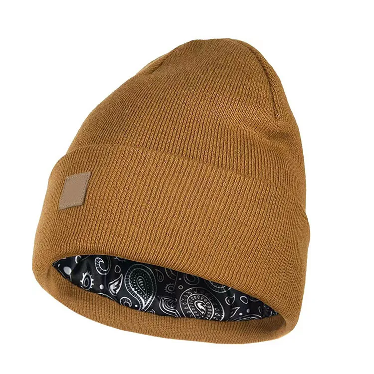 Customized winter hats 100% acrylic plain men satin silk lined brown yellow knitted beanies with satin lining inside