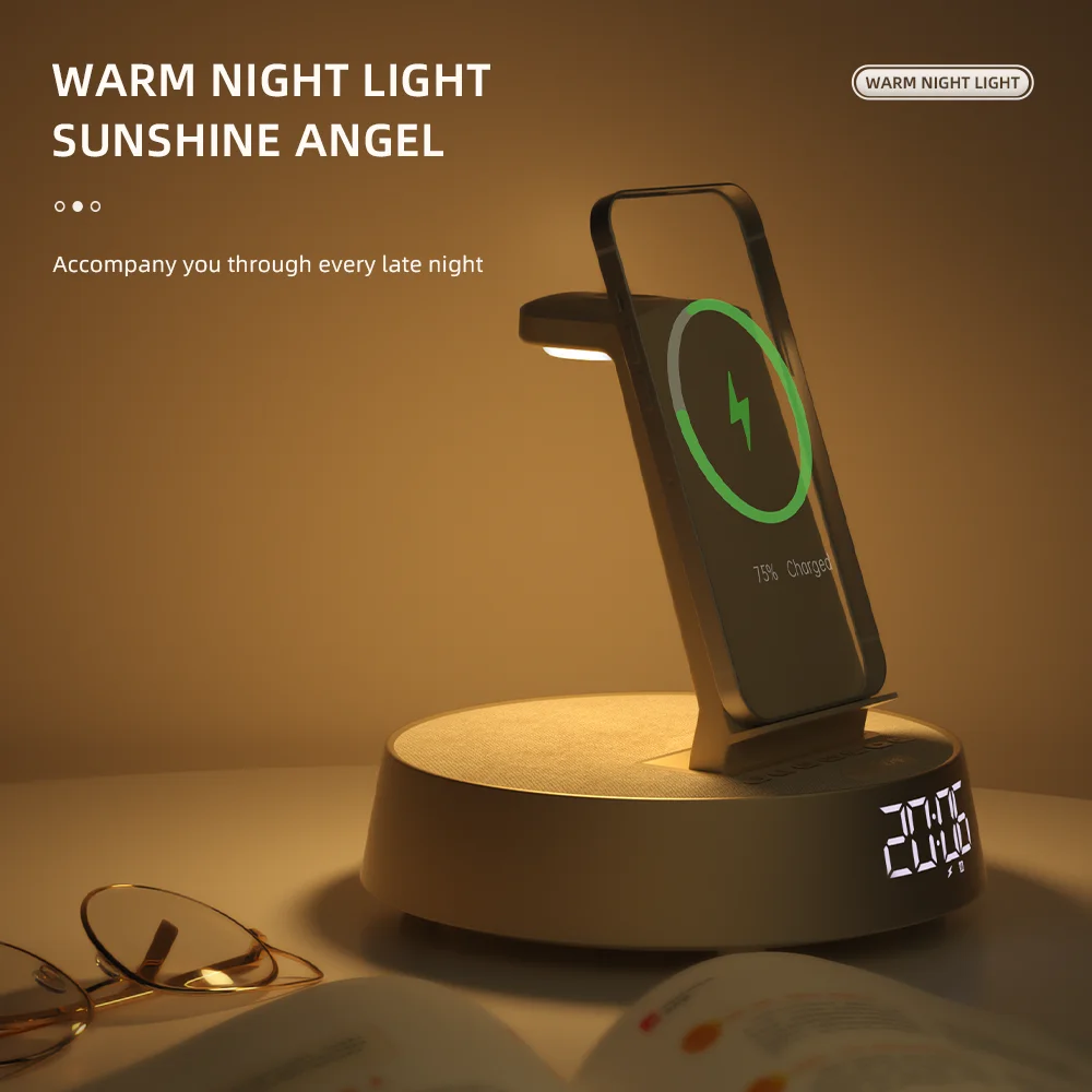 Wireless charging stand bluetooth audio small speaker desktop night light FM radio clock alarm clock