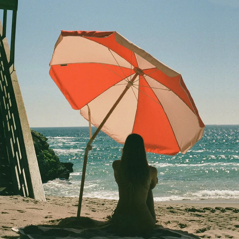 6FT Premium Quality UV 50+ Sun Protection Double-sided Printing Canopy Reclaimed Timber Pole Warm Red Vintage Beach Umbrella