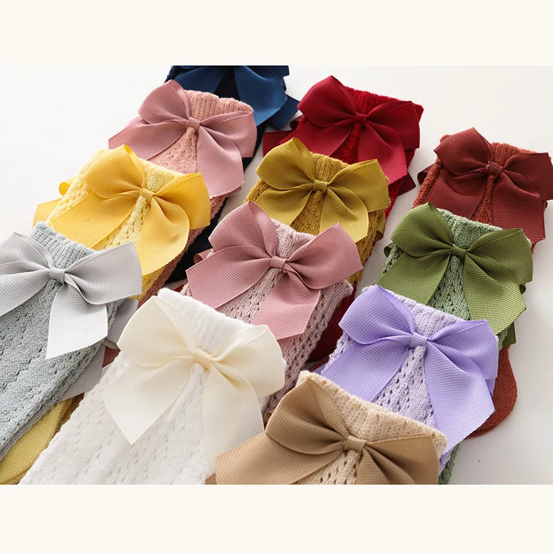 0-7 Years Candy Colors Summer Toddlers Baby Sock Soft Breathable Cotton Hollow Out Kids Girls Knee High Tube Mesh Socks With Bow