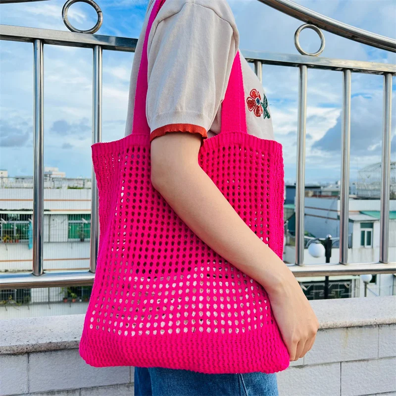 Women Knit Hobo Tote Bag Summer Aesthetic Crochet Shopping Bags Casual Mesh Shoulder Handbag Hand Crochet Bag