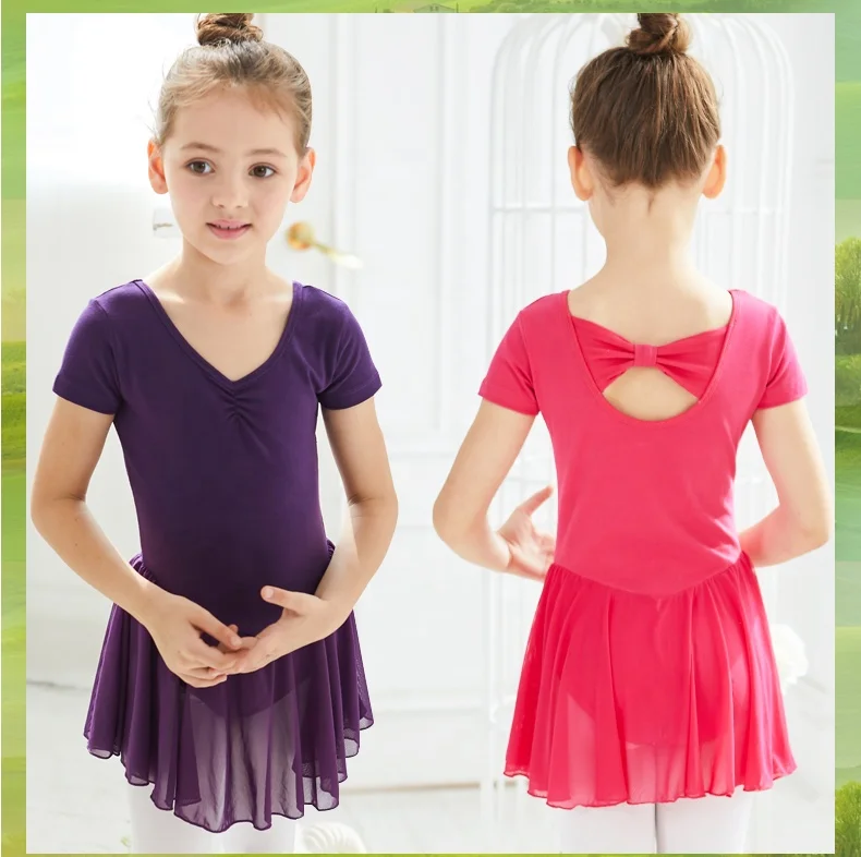 B8085 Girls Ballet Dress High Quality Stage Back Bow Short Sleeve Cotton Ballet Dance Skirt Training Dancewear