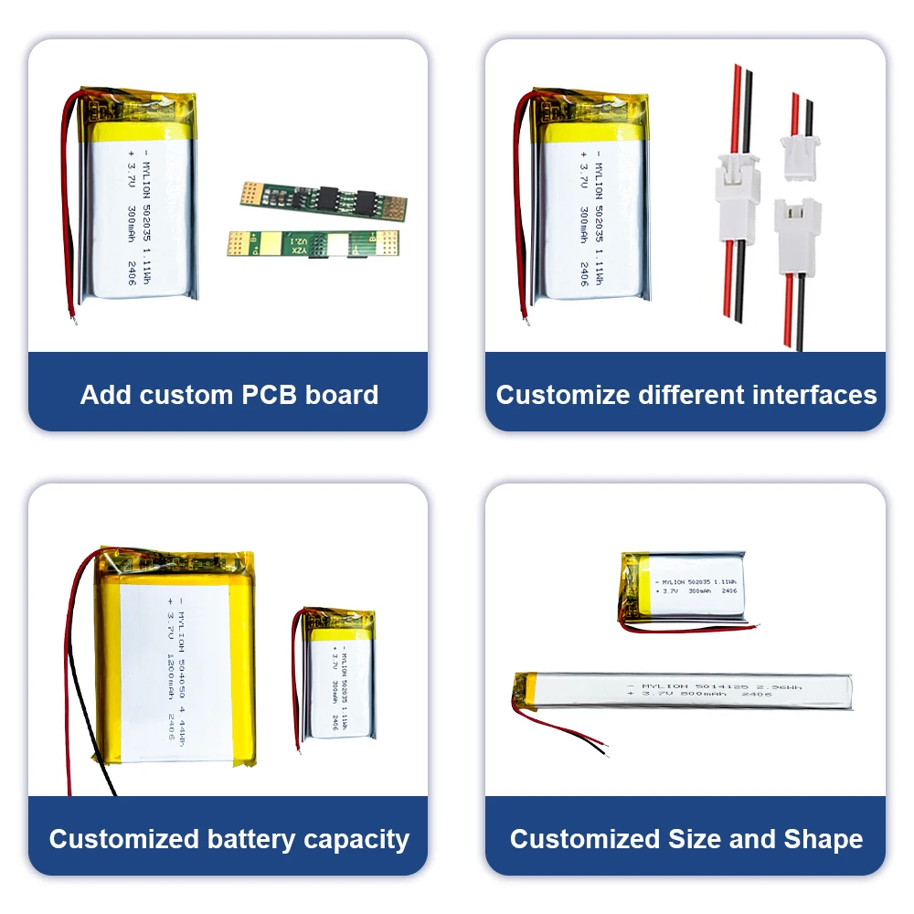 Customizable Overcharge Protection 3.7 Li Polymer Battery 502035 1.11Wh 300mah for Toys Consumer Electronics