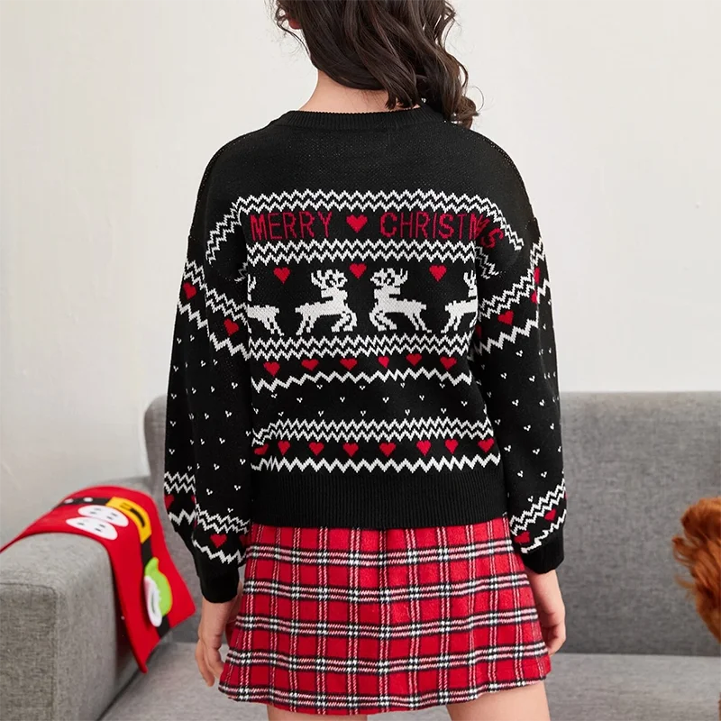 
Custom Winter Lantern Sleeve Knit Jacquard Christmas Sweater For Family Sweater Clothes 