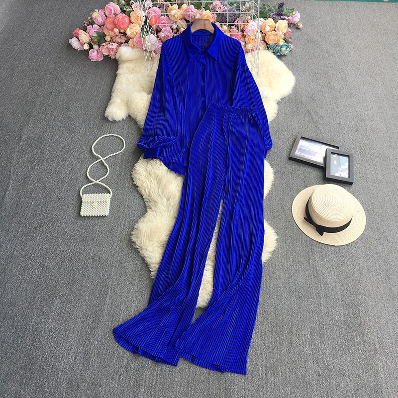 Y091-065 New Arrival Tracksuits For Women Candy Color Loose Pleated Shirt Elastic Pants Two Piece Set Casual Outfits For Women