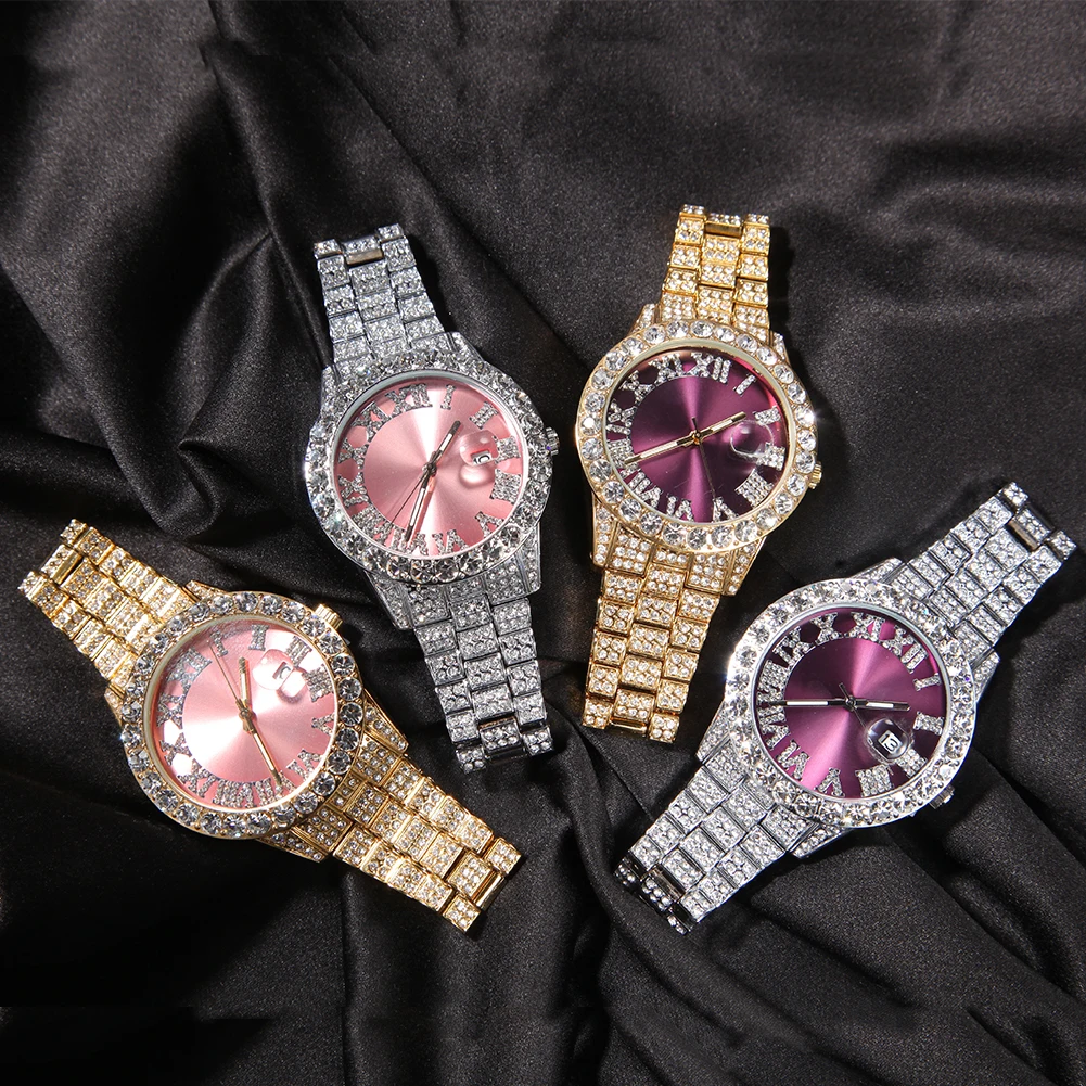 2022  Iced Out Baby Pink Women Watches Bling Watch with Purple Dial Bling Bling Hip Hop Watches