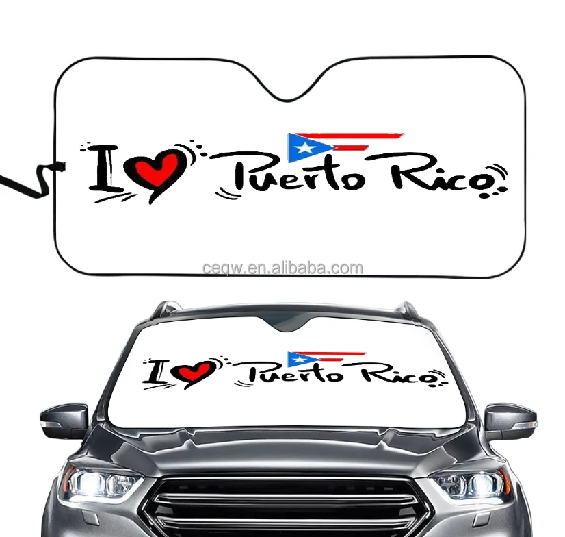 Custom 3D Print On Puerto Rico Printed Durable Accordion Foldable Auto Sun Protector Front Windshield Car Sunshade Curtain
