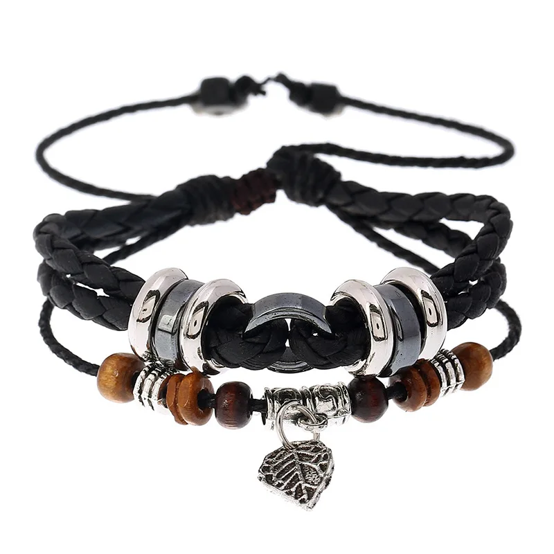 New arrival charm leaf accessories Pendant  Beaded Leather Bracelet Fashion Braided Multilayer friendship  Bracelet