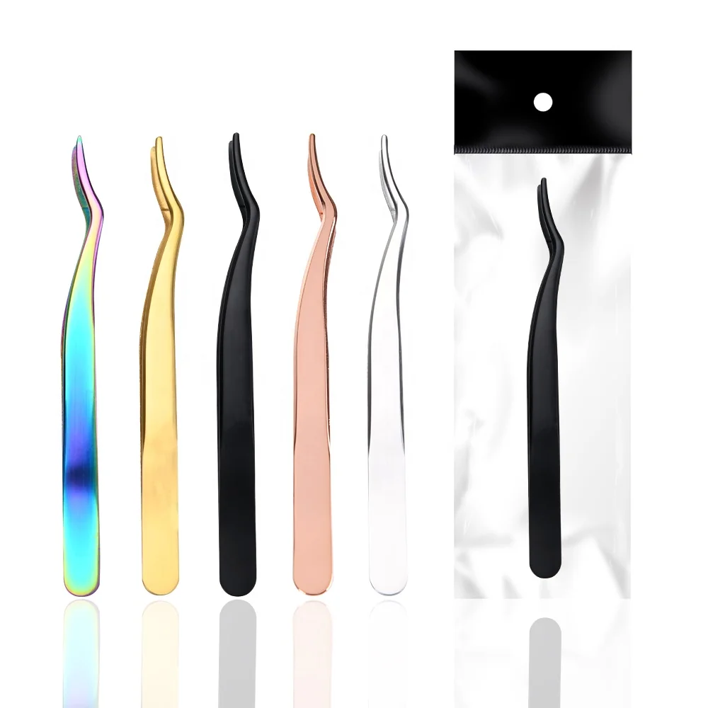 Customized New multiple colors stainless steel slanted lash tweezers for eyelash extension