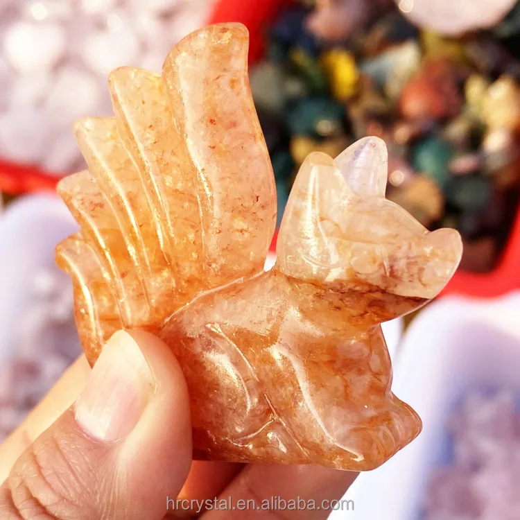Semi-precious Stone Crafts Hematoid Quartz Rose Quartz Nine Tail Fox Crystal Animal Carvings