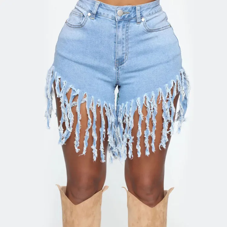 
Logo Design Ladies Sexy Jeans Short Neon Pants Distressed Womens High Waist With Tassel 