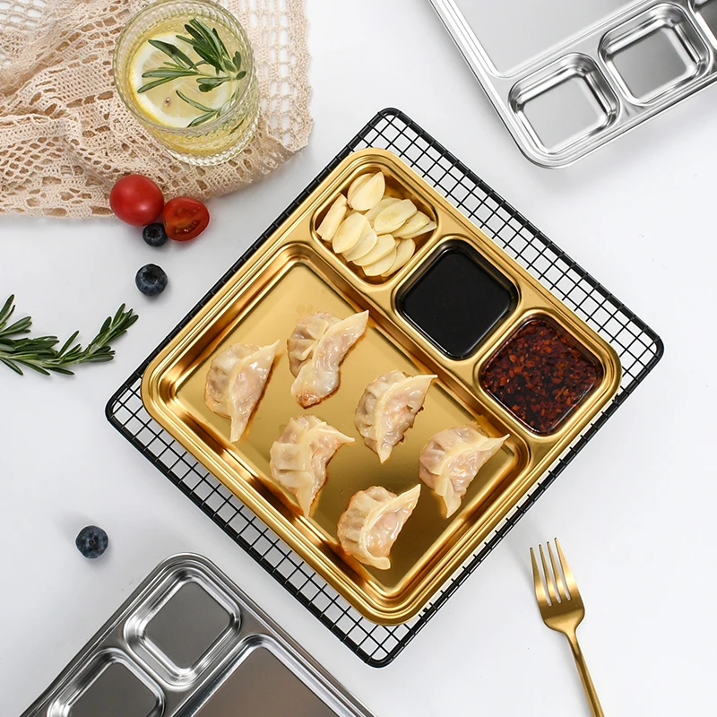 Factory SUS304 stainless steel grid plate barbecue buffet lunch Snack plates reusable fast food plate sauce barbecue meat tray