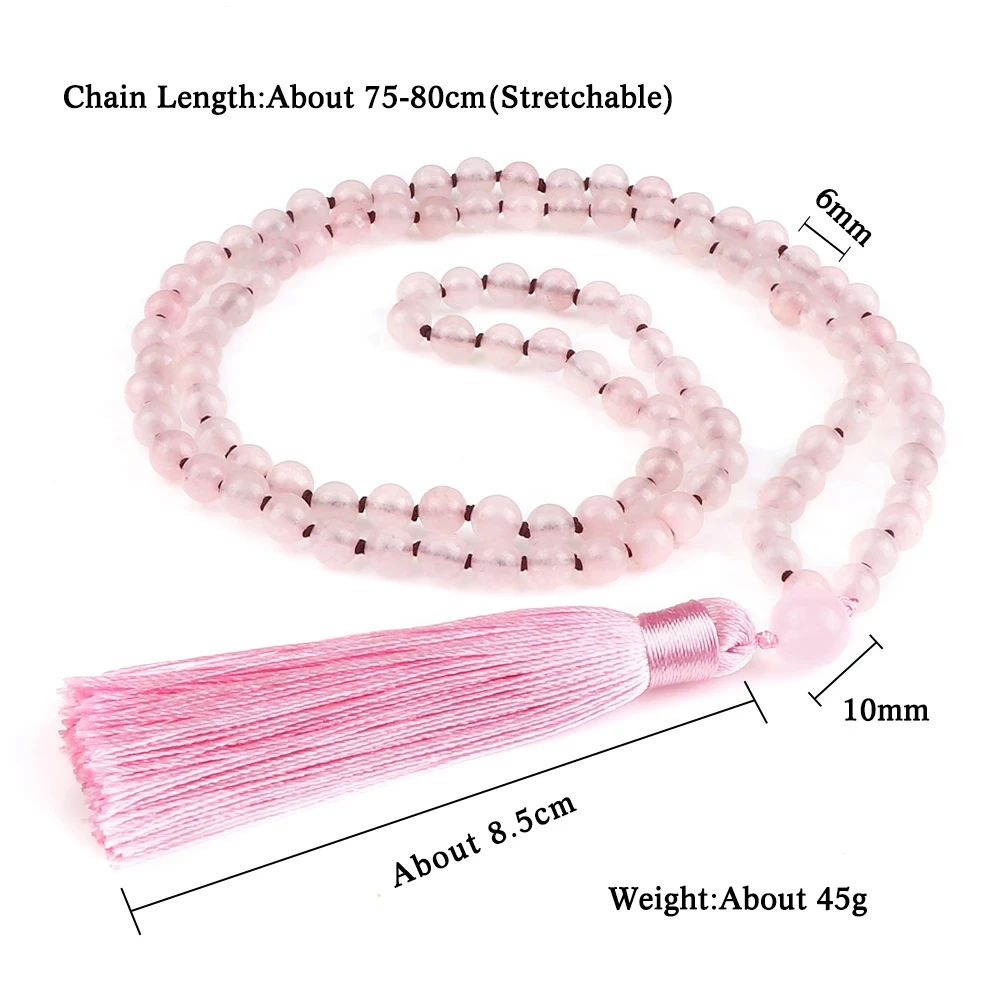Pink Quartz 108 Prayer Beads Necklace Women Crystal Tassel Knotted Long Mala Necklaces
