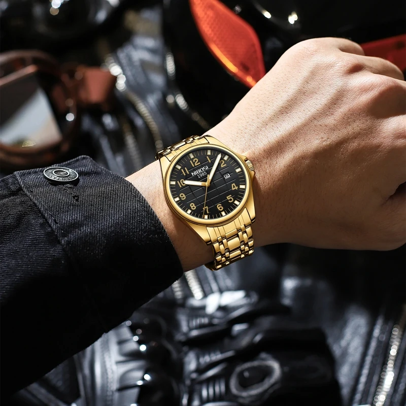 Luxury Brand Nibosi 2572 Mens Waterproof Sports Golden Quartz Wrist Watch