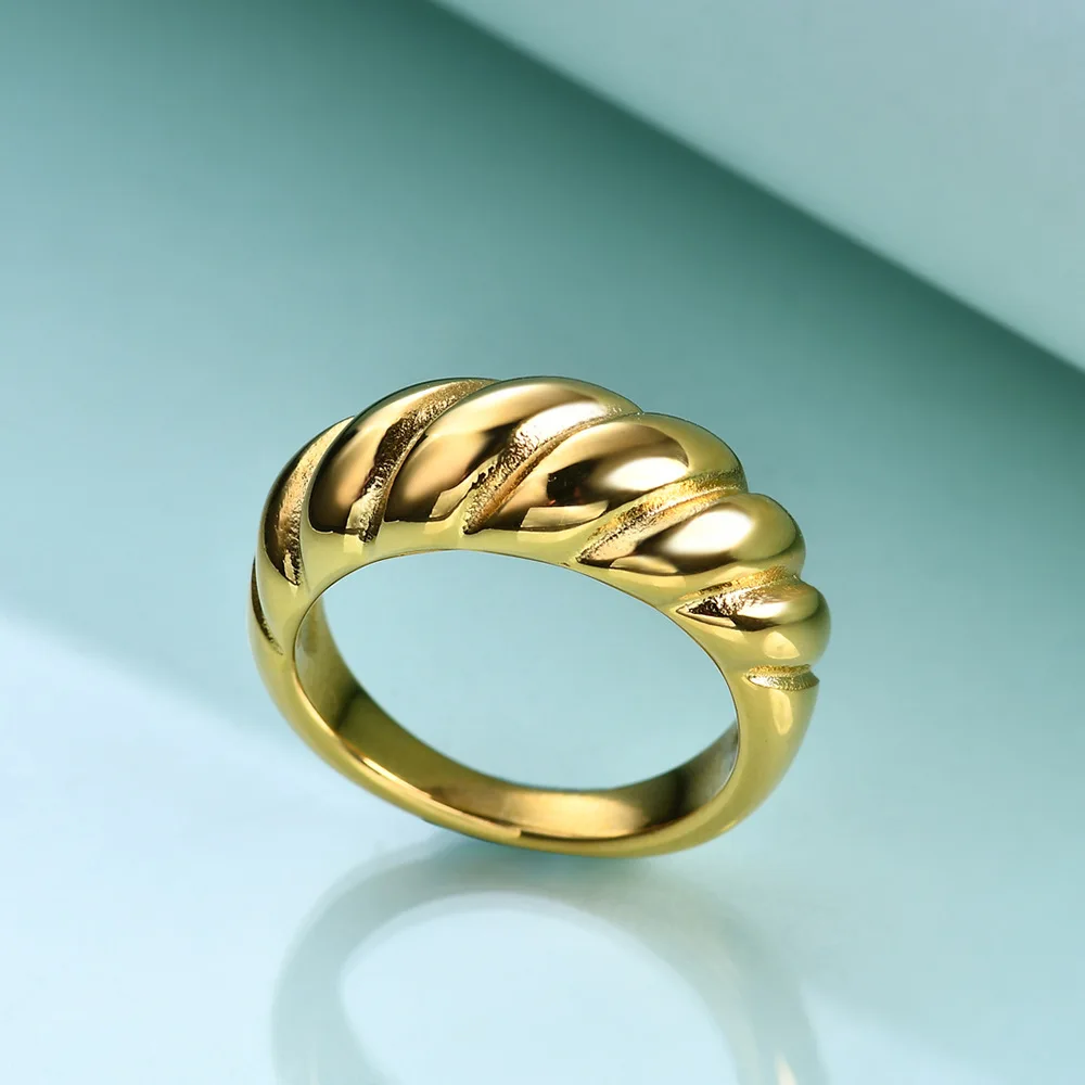  18K Gold Plated Stainless Steel Braided Twisted Rope Signet Chunky Dome Ring Stacking Band for Women Jewelry