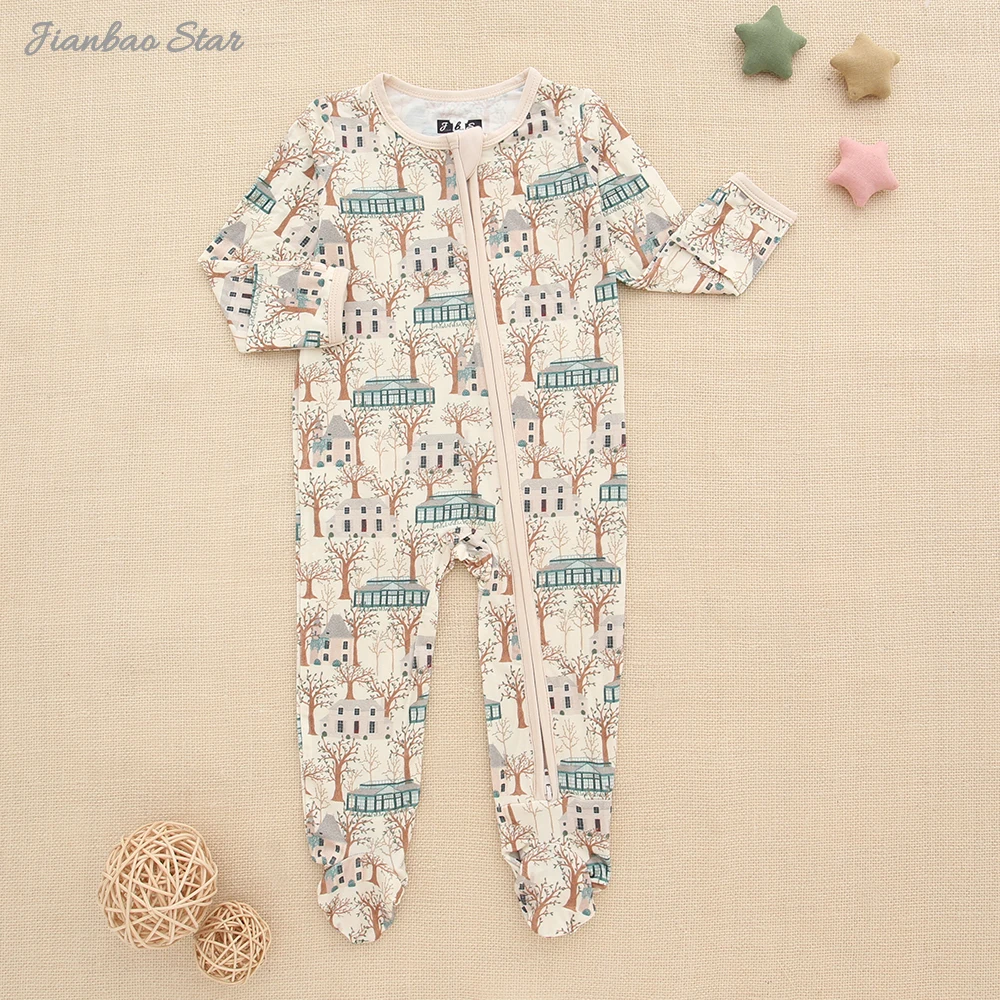 New Release Infants Body Suit Zipper Jumpsuits Bamboo Spandex Cotton Long Sleeve Lovely Printing Baby Rompers