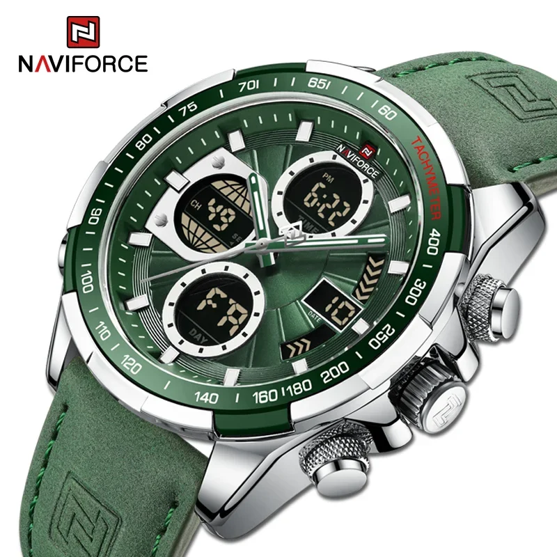 Новые дизайнерские цифровые часы NAVIFORCE 9197 популярные мужские Оригинальные Водонепроницаемые из коровьей кожи с хронографом и двойным дисплеем деловые