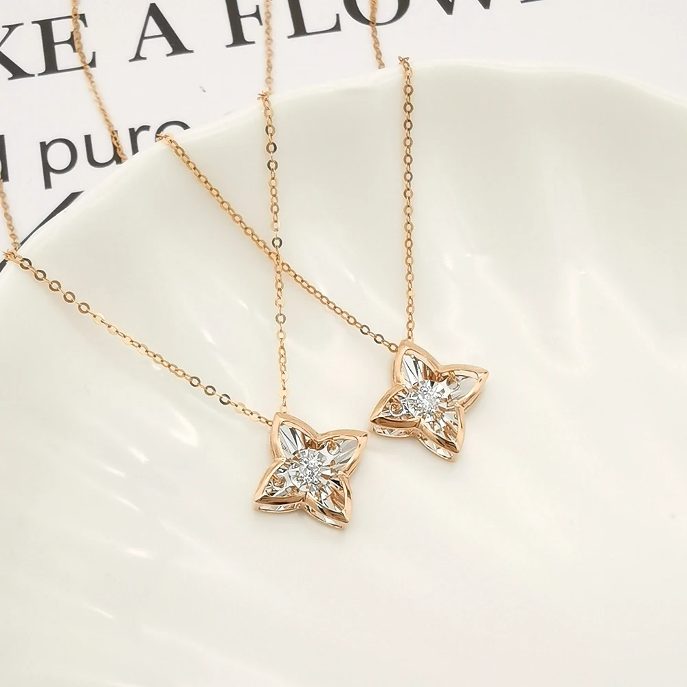 Diamond Necklace Women Jewelry Shaped Girl Necklace 18K Gold Jewelry Fashion 18k Solid 4 Leaf Flower Pendant Necklaces 2 Pcs