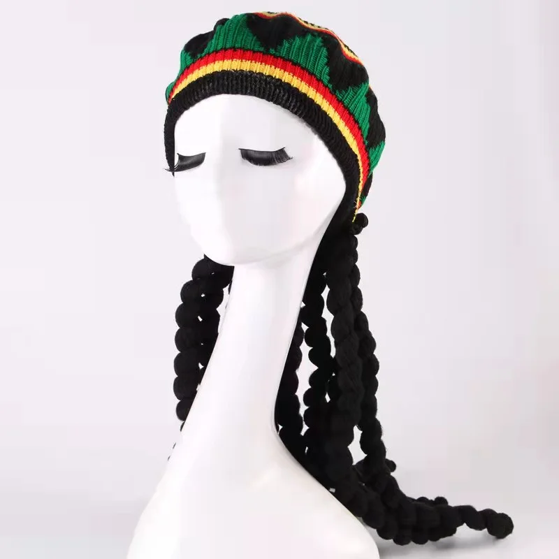 Fancy Dress Adults Knitted Jamaican Rasta Beanie Hat & Dreadlocks Hair   AD3519