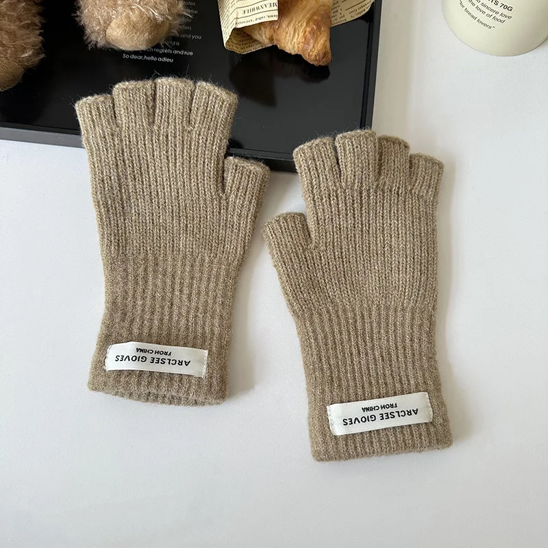 Touch Screen Solid Color Wool Knitted Gloves Korean Version Label Half Finger Hand Gloves Harajuku Style Warm Winter Gloves