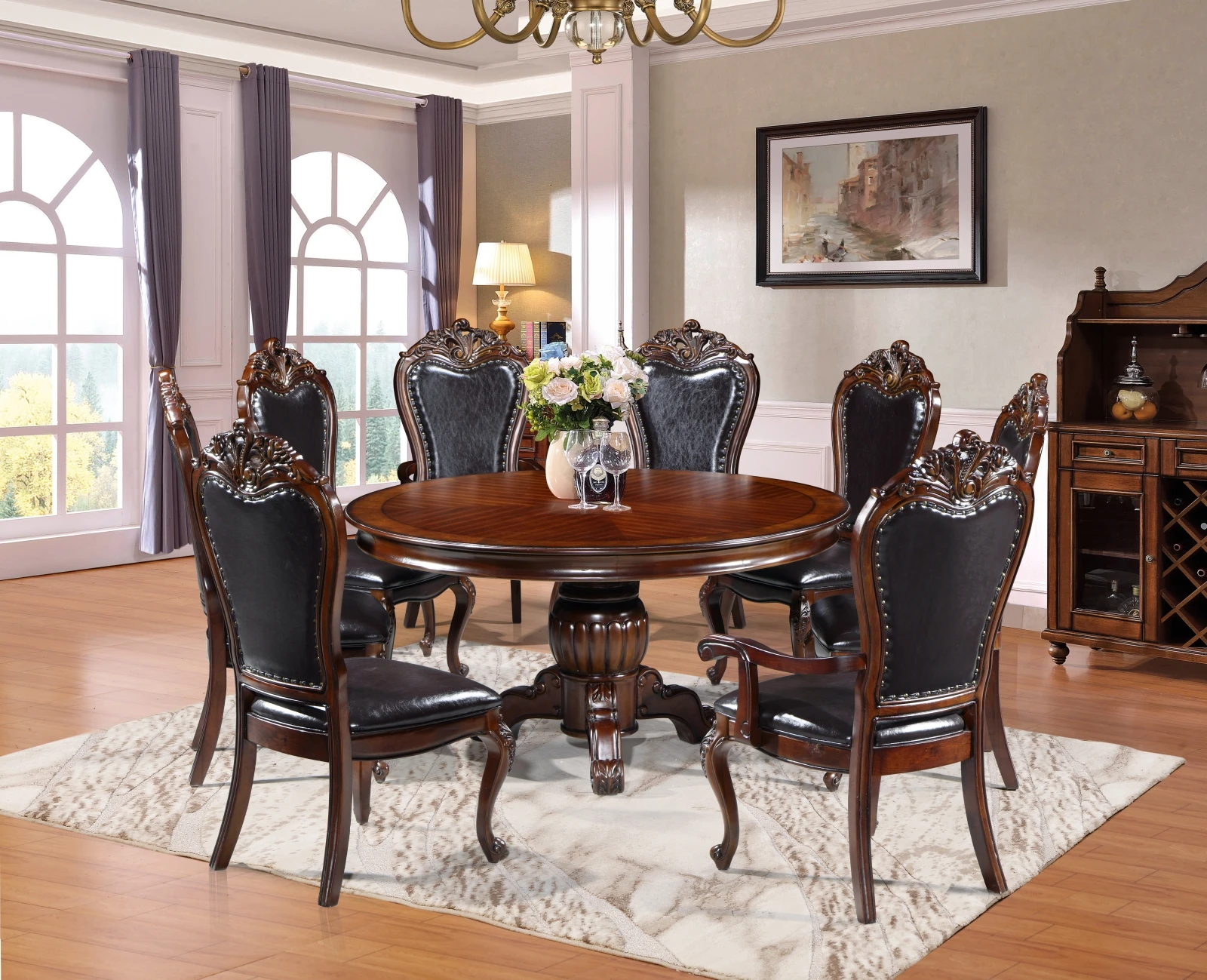 Classic Luxury Wooden Round Dining Table with Chair Dining Room Set Furniture Home Furniture Modern Solid Wood Dinning Table