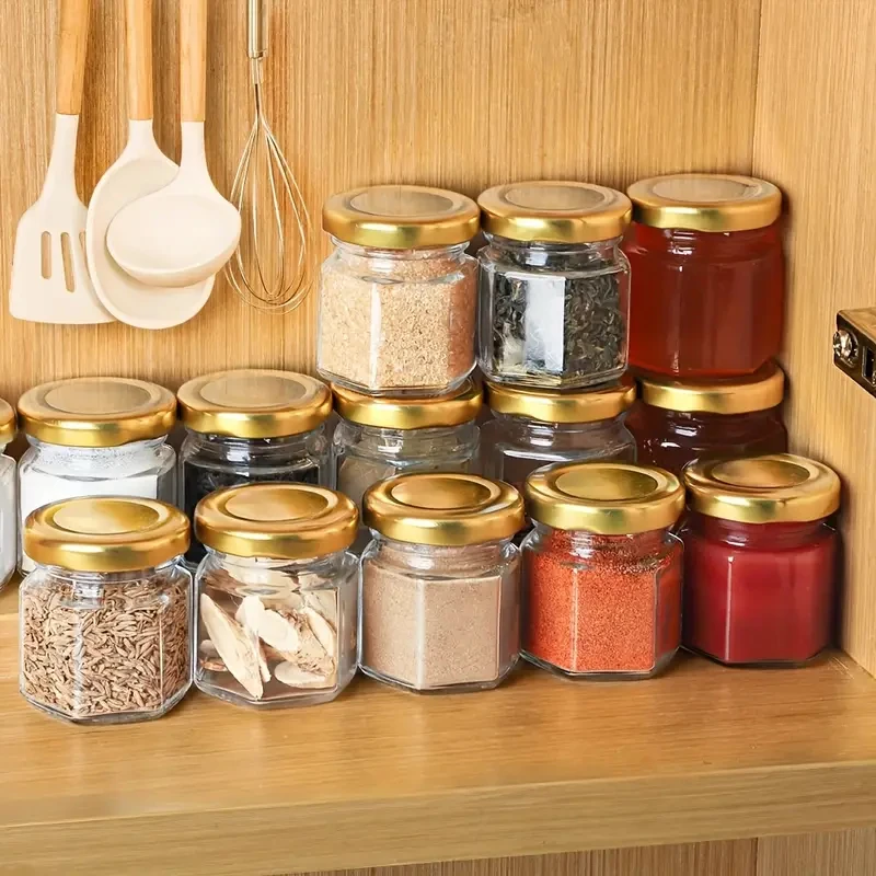 High quality 1.5oz 45ml Hexagonal Honey Jars Luxury Mini Glass Honey Jars with Dippers