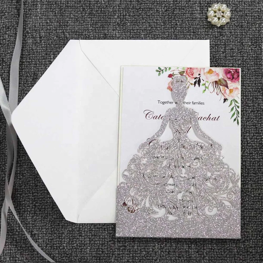 Custom Glitter Laser Cut Luxury Bride Wedding Invitations with Ribbon and Envelopes Greeting Card Set