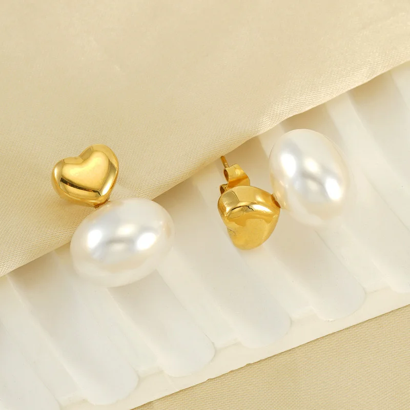 Simple all-in-one 18k gold plated textured ball earrings Stainless steel classic pearl short earrings for women pearl earrings