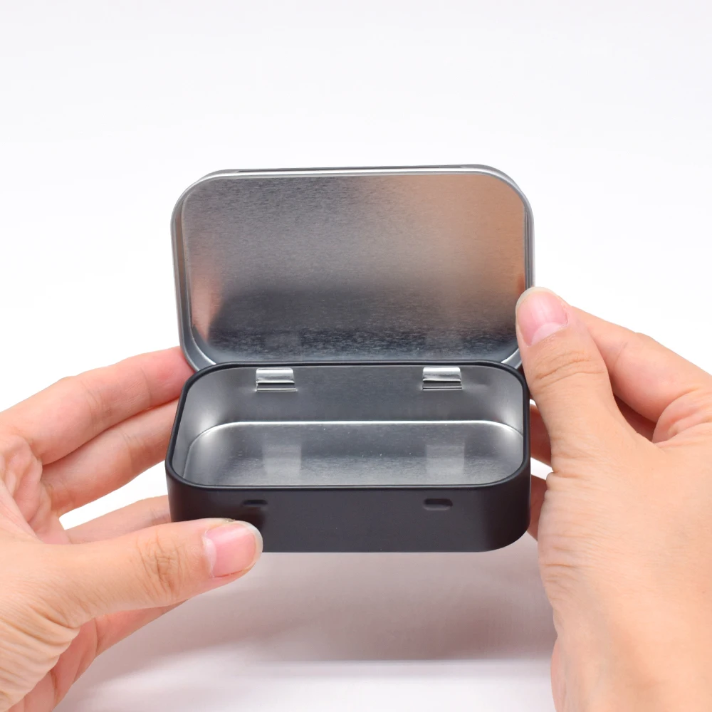 Custom Logo Rectangular Black Silver Gift Tool Storage Candy Hinge Tin Case Packaging Metal Small Custom Tin Box
