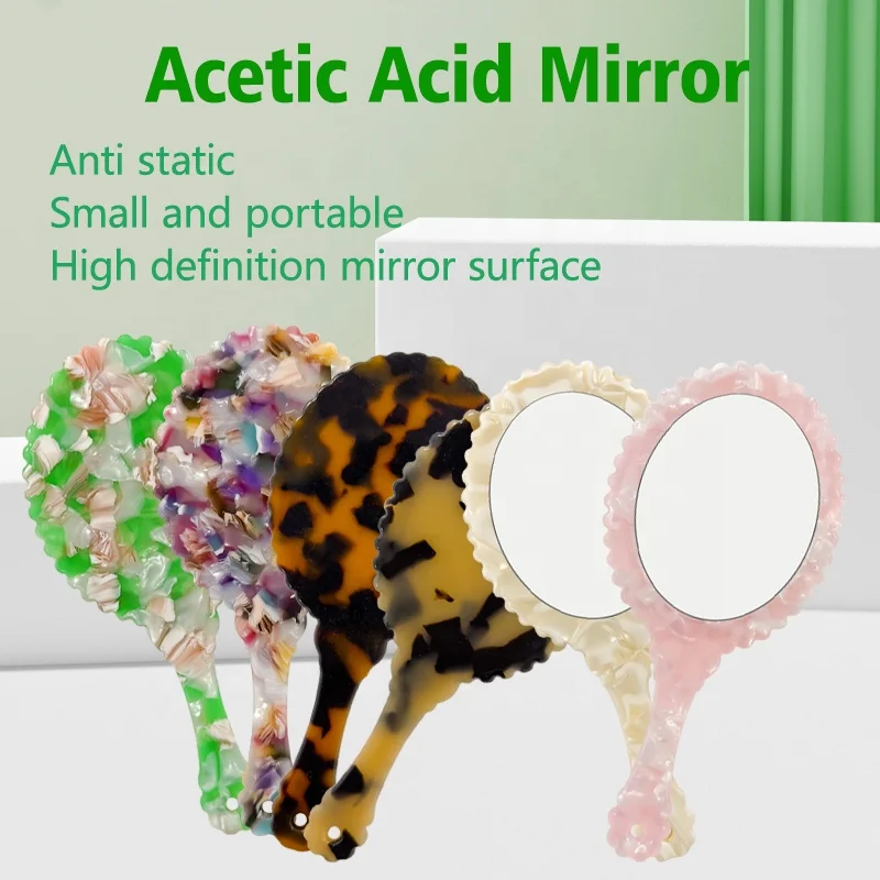 Fashion Retro Cellulose Acetate Mirror Plate Oval Flower Shape Portable Makeup Mirror Long Handle Tortoise Shell Pocket Mirror