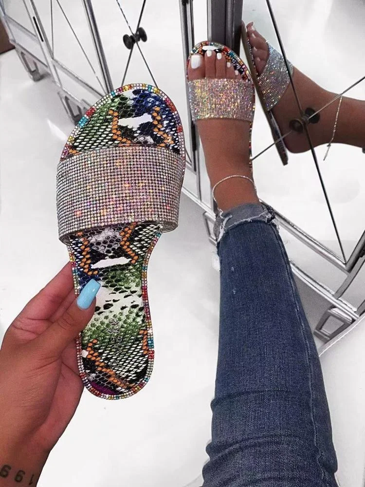  Wholesale new design custom women slide shoes flat sandals rhinestone summer