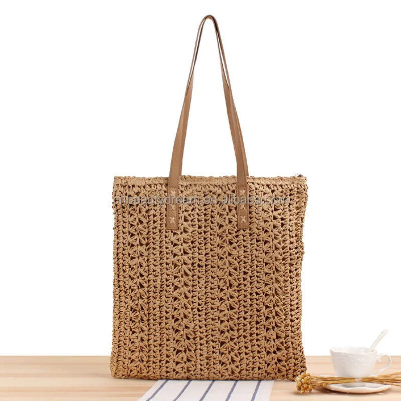 Wholesale Brand New Handmade Crocheted Raffia Large Tote Summer Beach Bag Zipper Casual Vintage Fashion Paper Straw Handbags