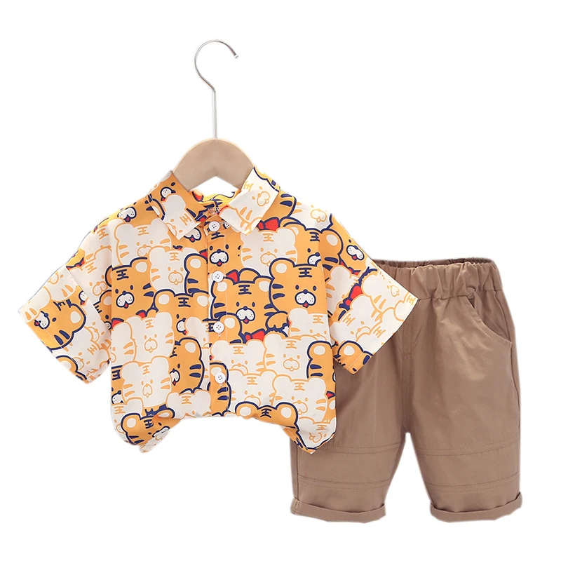 Summer 2022 Bangladesh Apparel Comfortable Breathable Short Sleeve Tiger Pattern Shirt and Casual Shorts Set in Washed Cotton