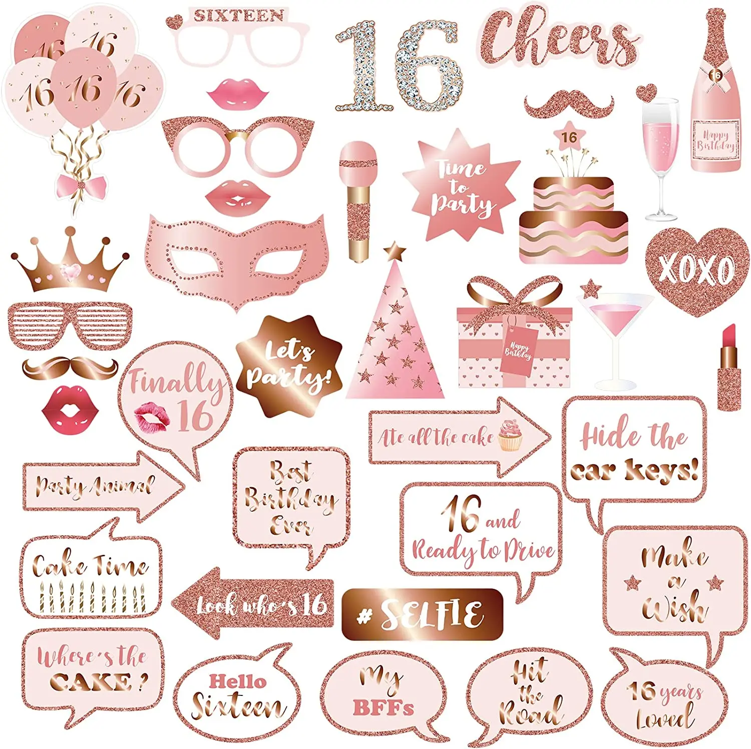 16th Birthday Party Photo Booth Props and Signs, Rose Gold Sweet 16 Birthday Party Selfie Props Kit with Sticks for Girls Women