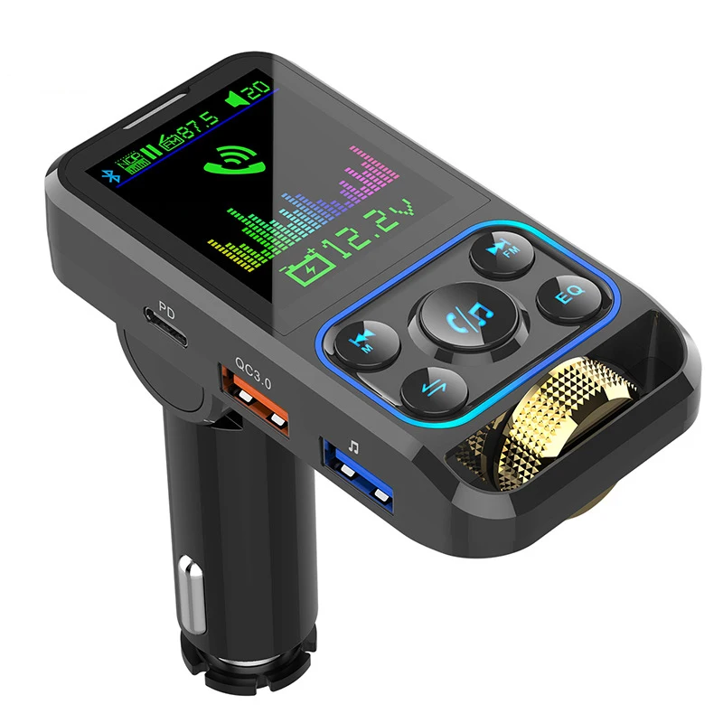 Colorful Light Wireless Handsfree Car Kit Fm Modulator Transmitter Large Screen Fm Transmitter Aux Mp3 Player USB QC3.0 PD3.0