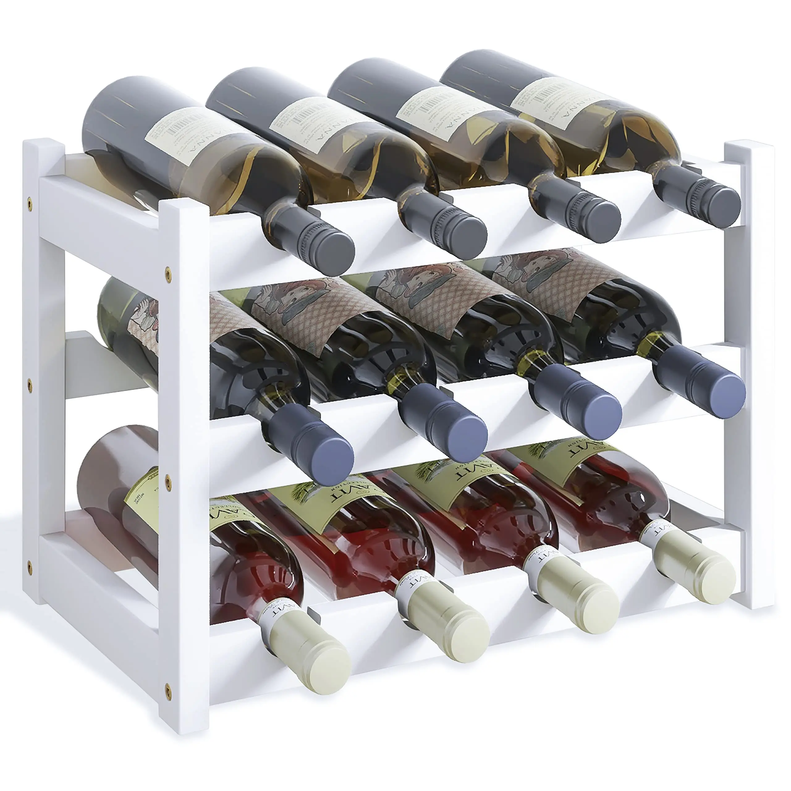 Bamboo Wine Rack Holder for Wine 12 Bottles Display Holder, 3-Tier Free Standing Storage Shelves for Kitchen, Pantry