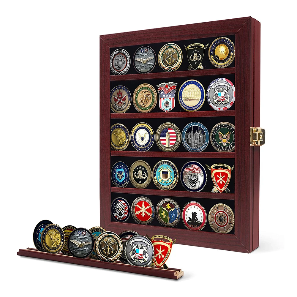 Custom High Quality Removable 13x16 Inch Twin Slot Shelf Wood Cabinet Rack Holder Shadow Box Challenge Coin Display