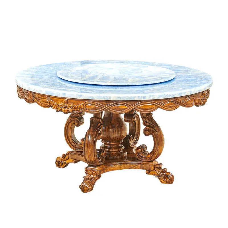 European style round marble dining table and chair set 8 seater solid wood carved dining table with rotating centre baroque